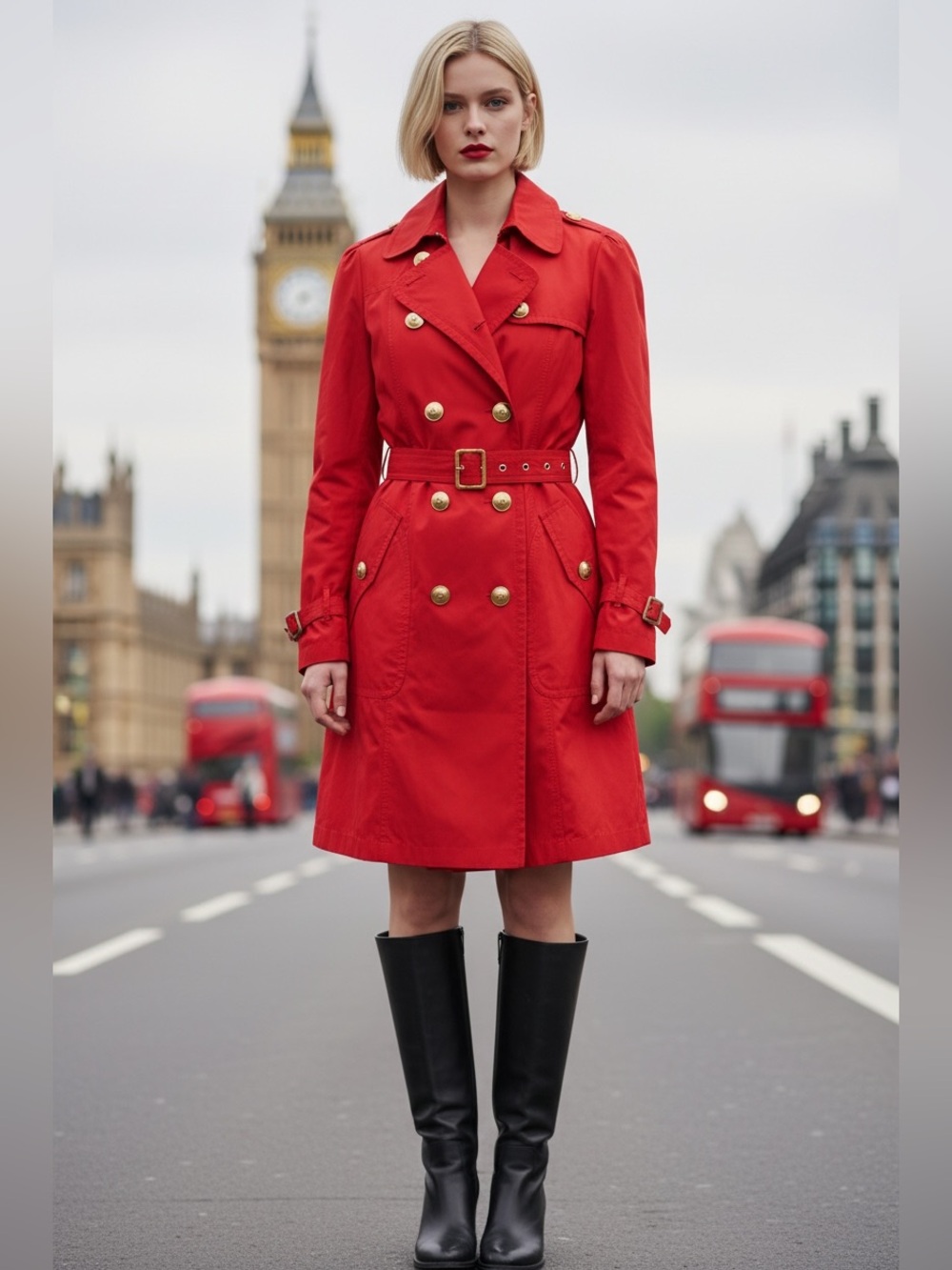 Burberry Red Double-Breasted Trench Coat with Gold Buttons